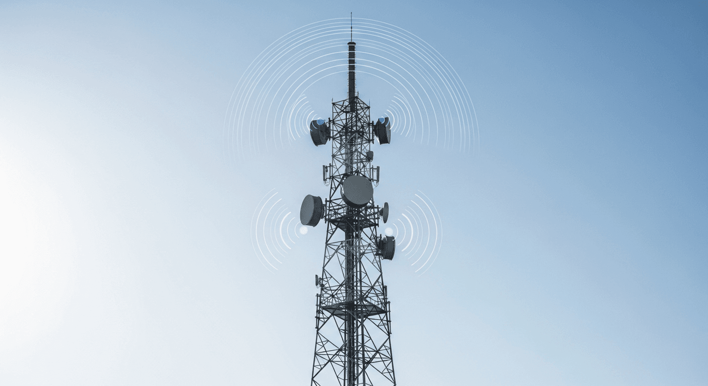 Telecom tower with GNSS signal waves